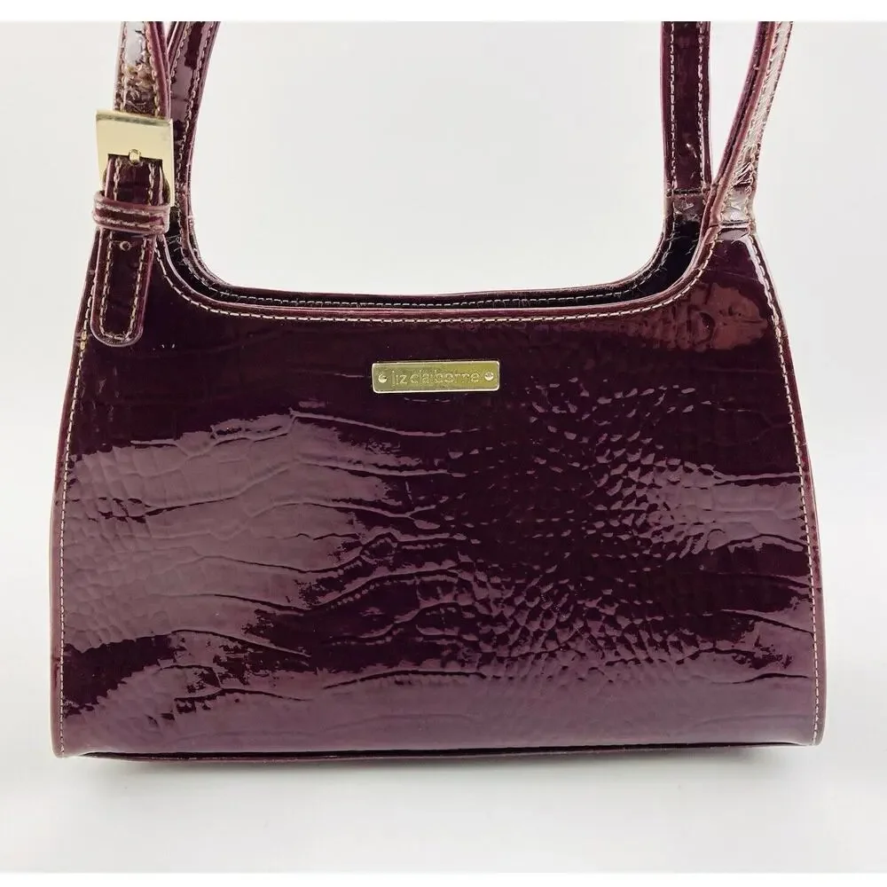 Liz Claiborne Purse Dark Brown Maroon Handbag Faux Leather Croc Alligator Burgun